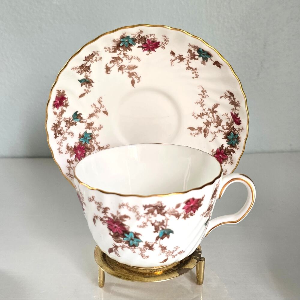Minton Bone China Ancestral Cups Saucers Pink Blue Floral Cottagecore Romantic